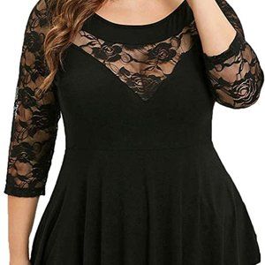 Women's Plus Size Lace Panel Asymmetrical T Shirts 3/4 Sleeve Swing Tops